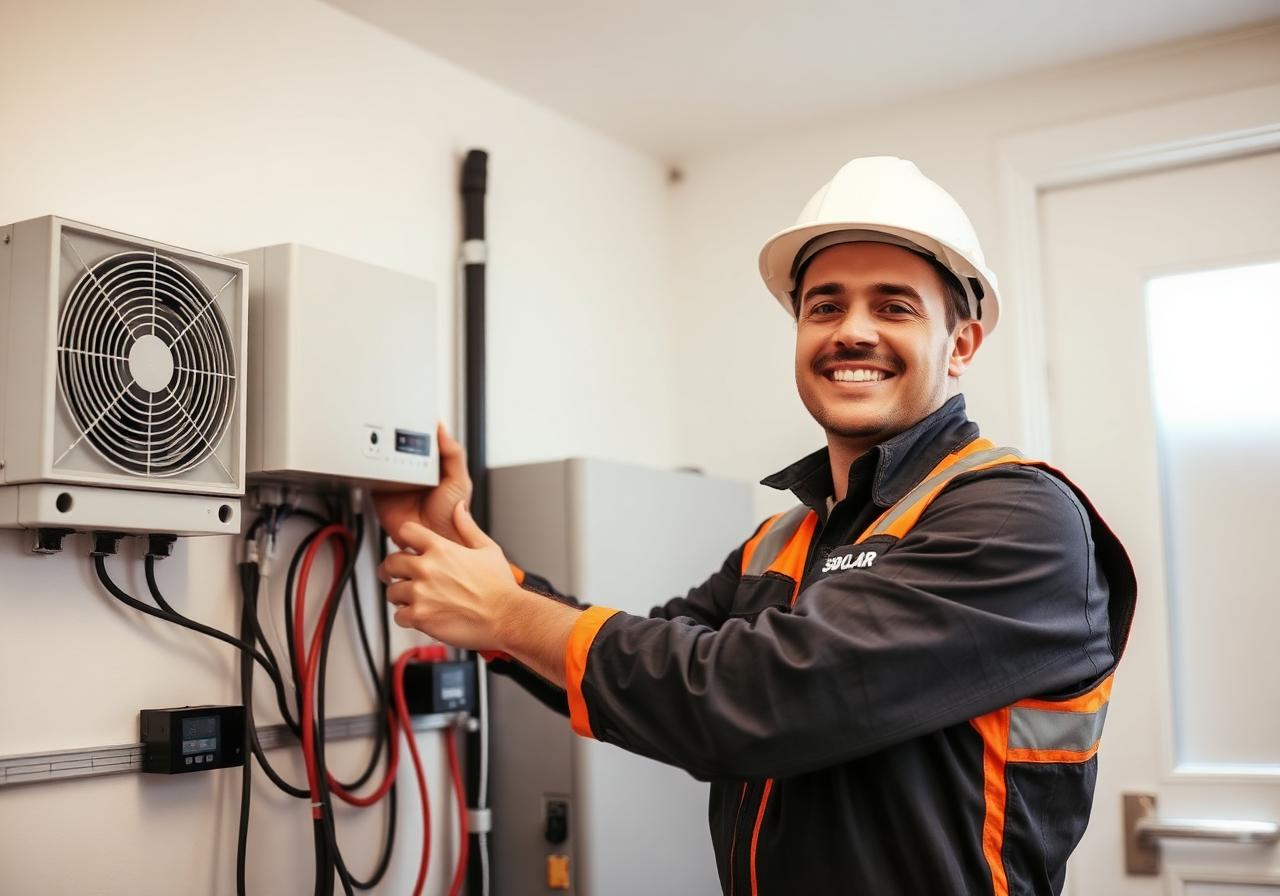 Elektriker schließt einen Solar-Wechselrichter im Hauswirtschaftsraum an