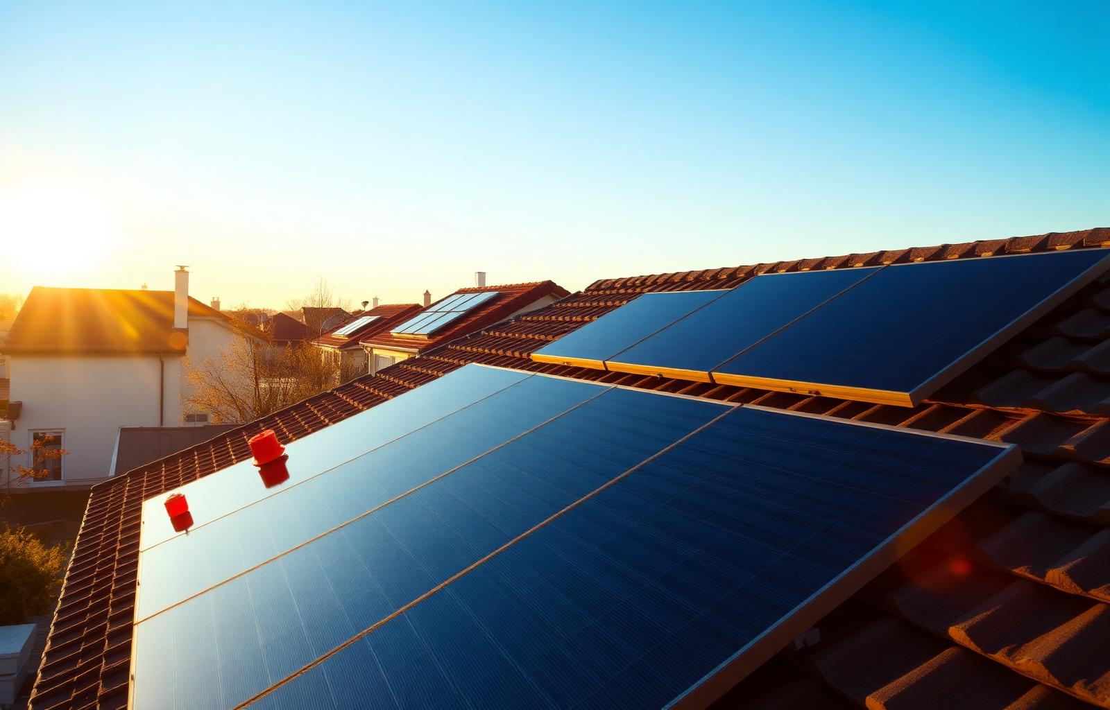 Solaranlage auf einem Wohnhaus in Deutschland im warmen Sonnenlicht