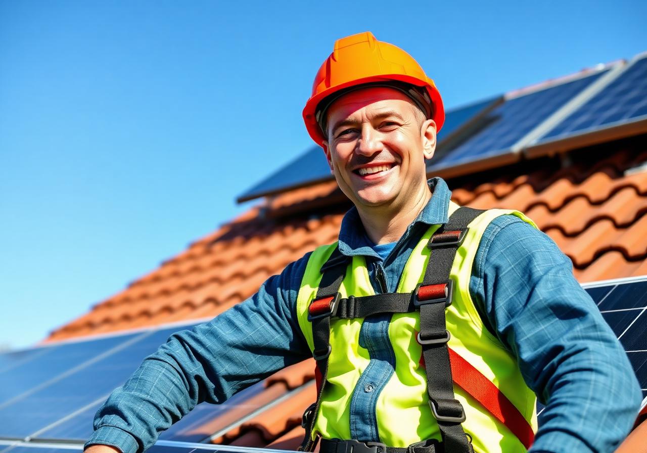 Dachdecker montiert Solarpanels auf einem Wohnhaus